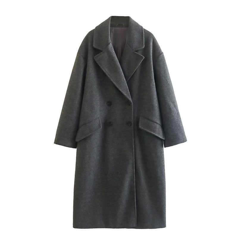 Women long double-breasted coat straight tailored silhouette minimalist urban chic city professional style