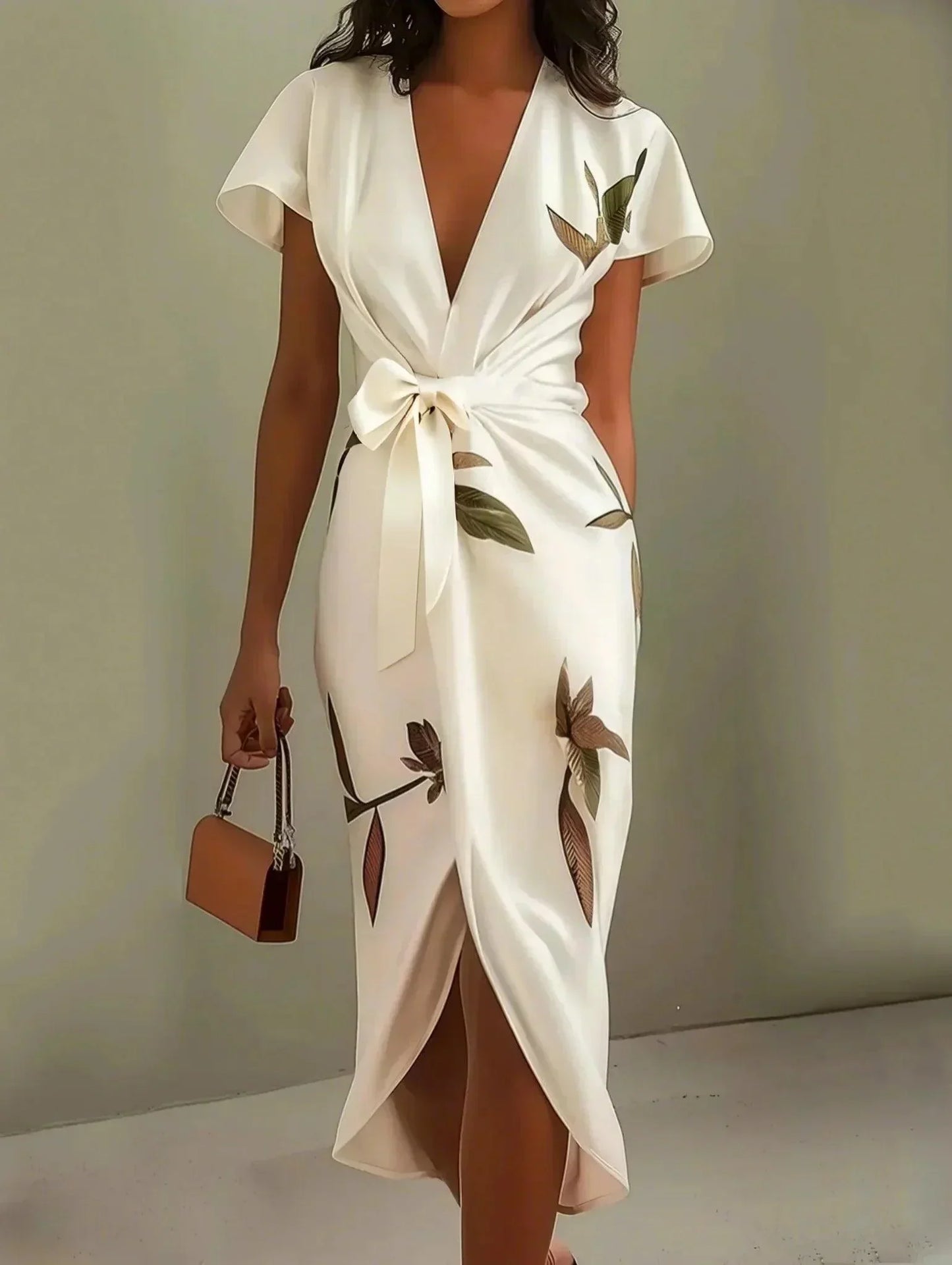 Floral botanical wrap midi dress with adjustable tied waist and flattering feminine silhouette