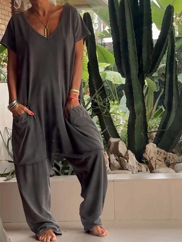 Women's white cotton v-neck jumpsuit short sleeve solid color casual one-piece effortless fit
