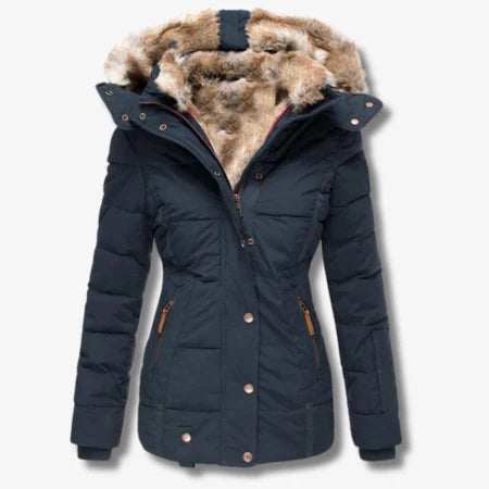 Women's black puffer jacket with hood, elegant quilted design for winter warmth and everyday style