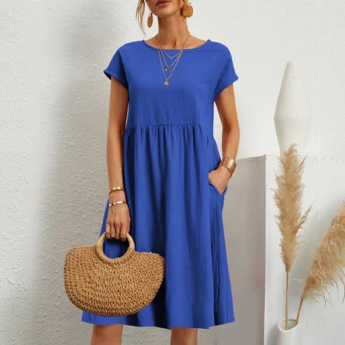 Mila women's minimalist dress, elegant round neckline silhouette versatile for office and events