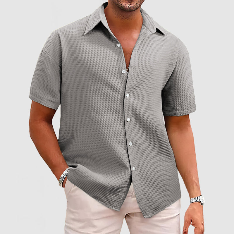 Men's beige waffle-knit short sleeve shirt relaxed fit with textured fabric for warm weather