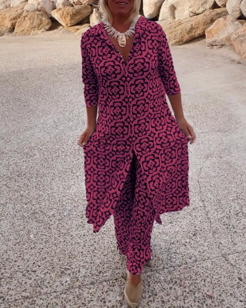Mosa | Women's Printed Two Piece Set Longline Shirt Straight Pants