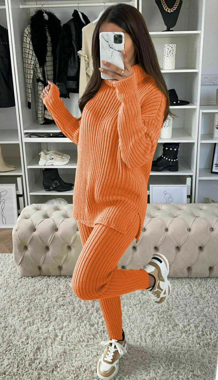 Women's cozy plush knit loungewear set with polo collar top and matching leggings soft comfort