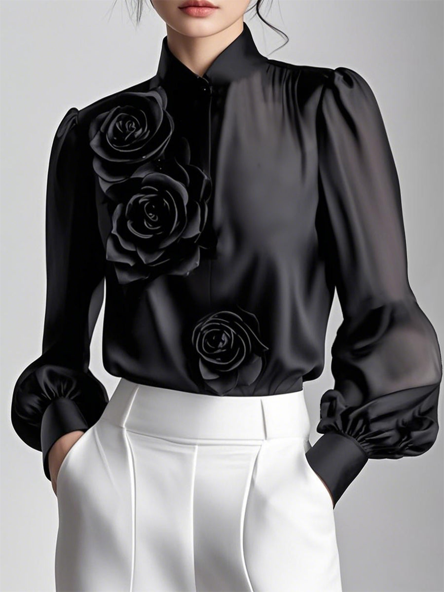 Pink sheer elegant blouse high collar 3D floral appliqués feminine fitted silhouette workwear top