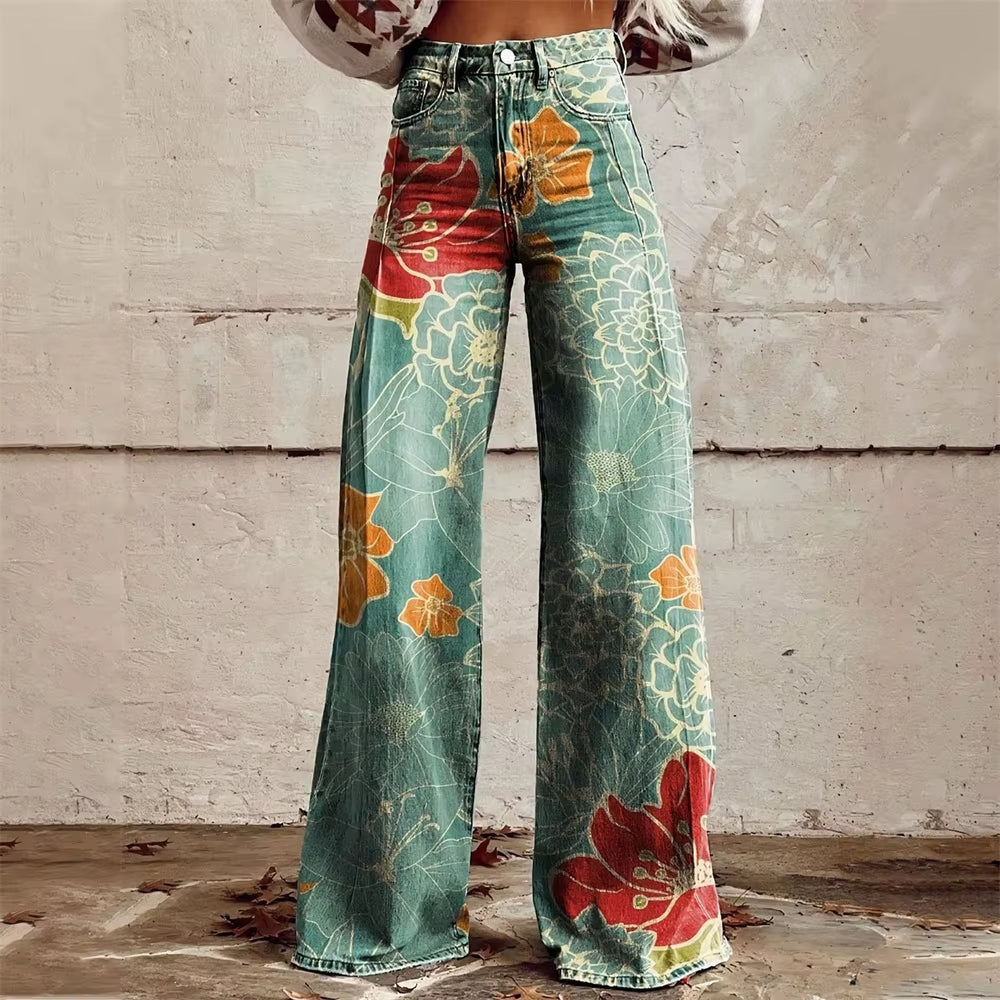 Bold high-waist flared denim jeans with celestial patterns in blue stretch cotton blend
