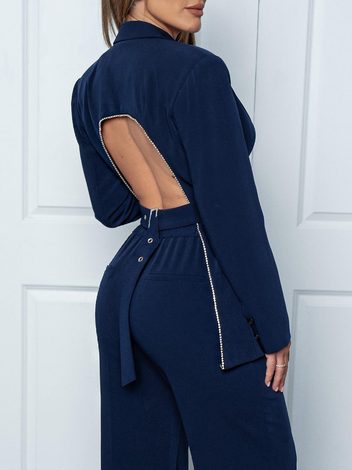 Deep dark blue women's regular fit blazer with bold open back cutout design for elegant power dressing