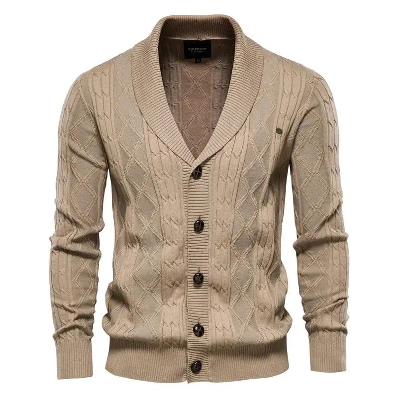 Charcoal textured knit cardigan with diamond pattern and shawl collar for a polished everyday look