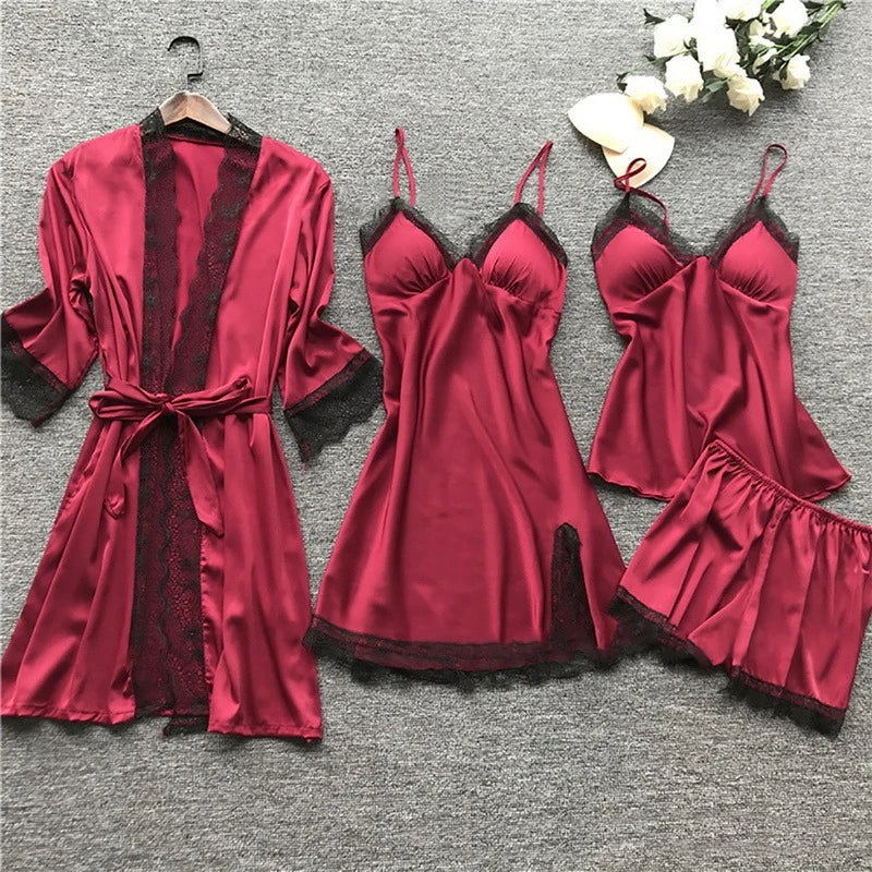Women's luxury satin pajama set in soft neutral tones, elegant relaxed silhouette with refined drape