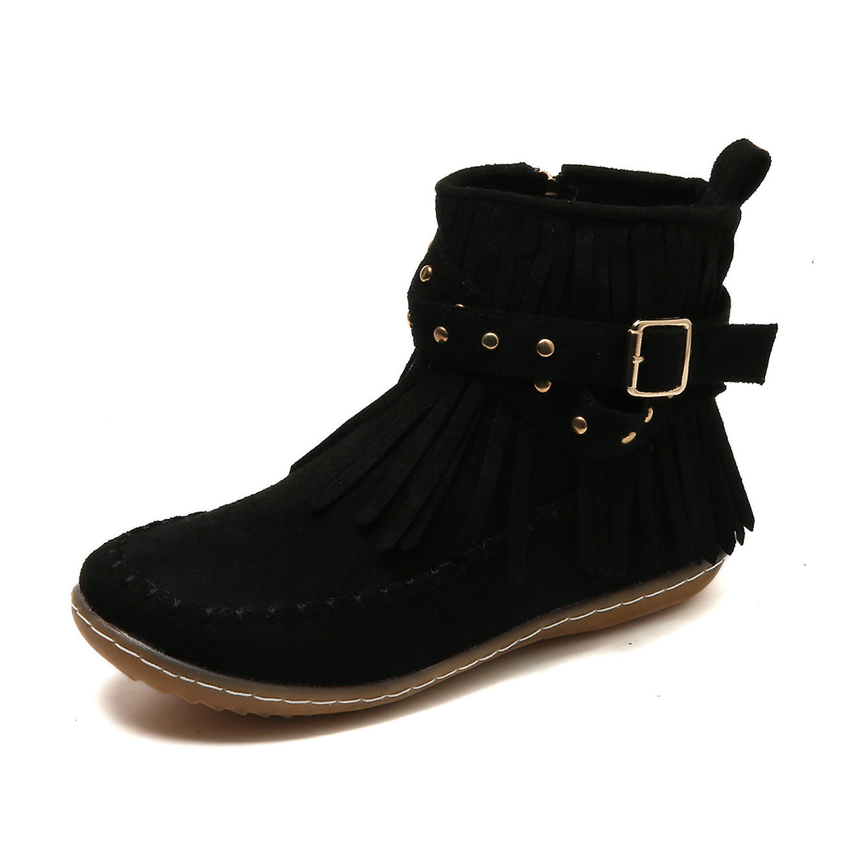 Women's brown fringe ankle boots with adjustable buckle strap and decorative tassel detail