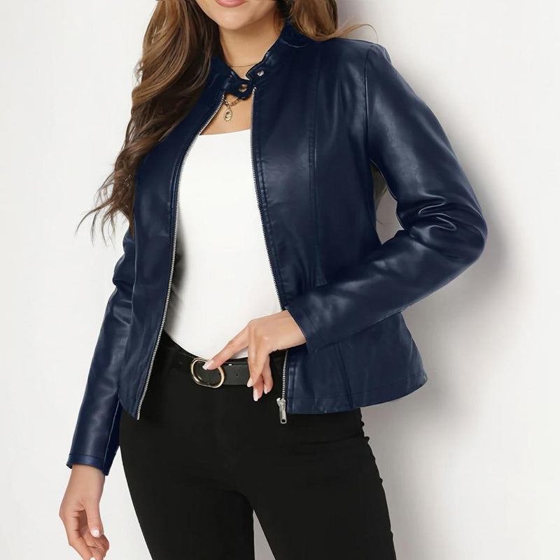 Women's black faux leather jacket stand collar hidden zipper minimalist chic silhouette