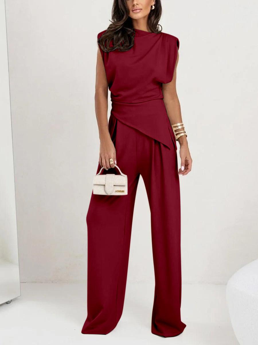 Women's casual sleeveless two-piece polyester set lightweight comfort fit asymmetric hem all-season style