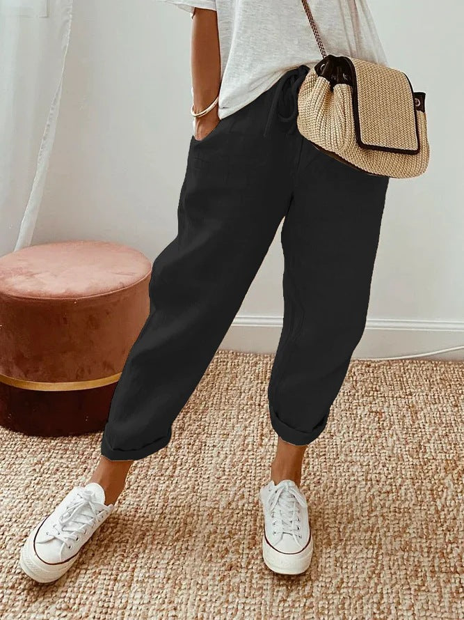 Beige cotton blend casual drawstring ankle pants with insert pockets for everyday comfort
