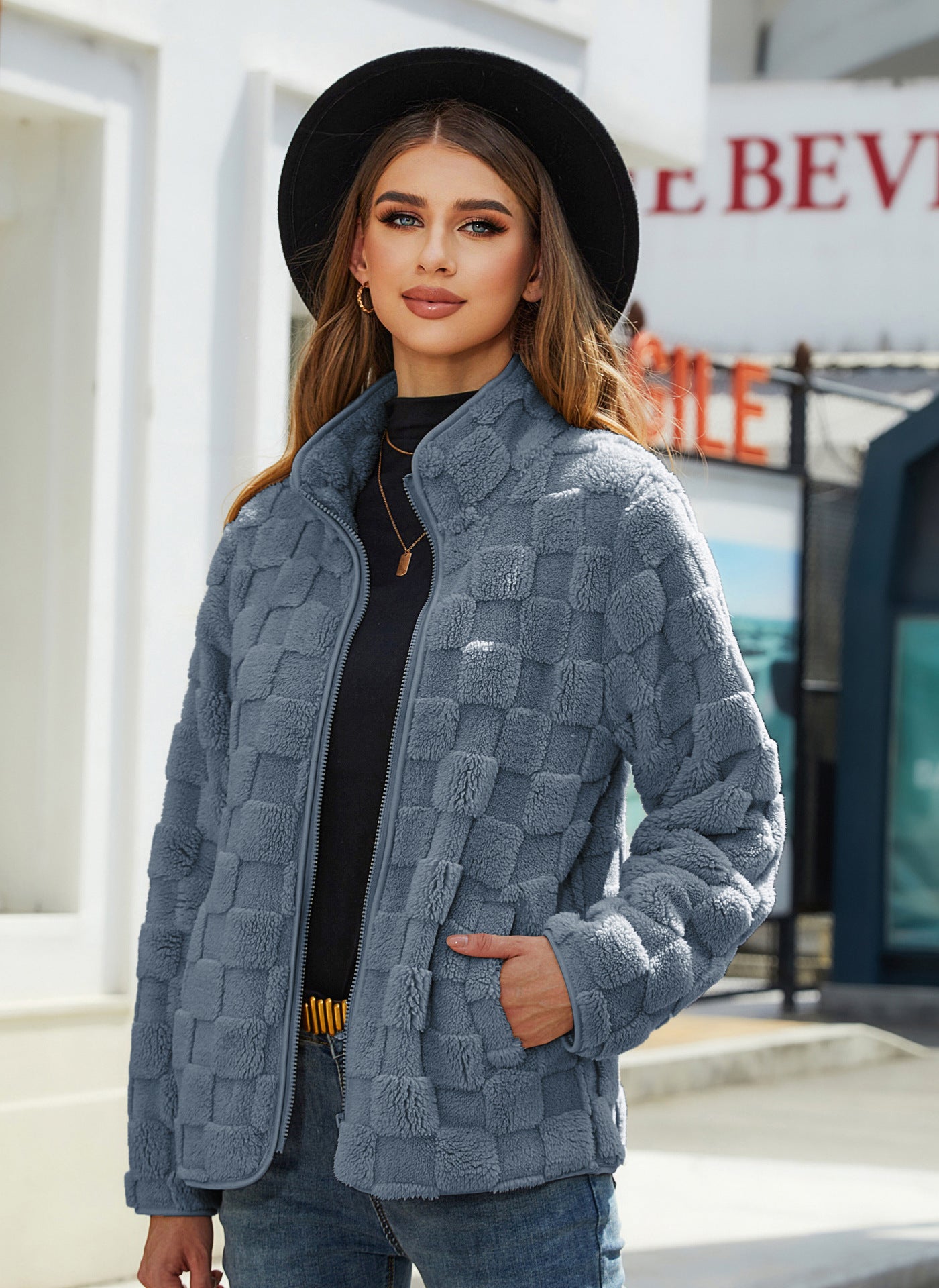 Women's cozy plaid fleece zip-front jacket with high collar, relaxed fit for winter warmth