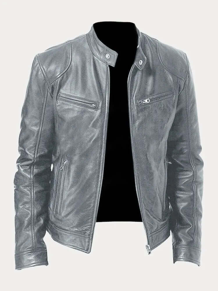 Men's black classic leather jacket with stand collar, snap button, front zip biker-style outerwear