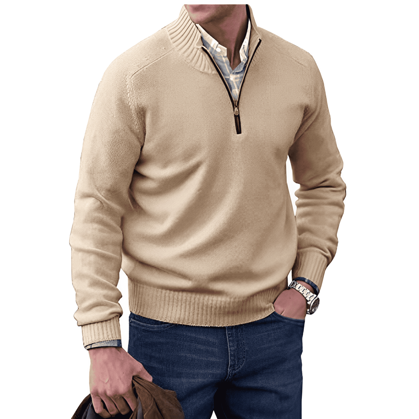 Men's half-zip knit sweater with long sleeves, classic ribbed collar, cuffs, and hem for layering