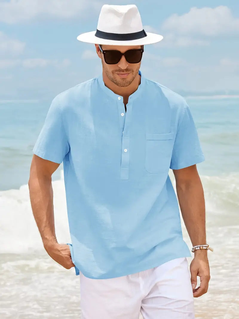 Men's collarless slim fit short-sleeve shirt in versatile neutral tone for casual to formal wear