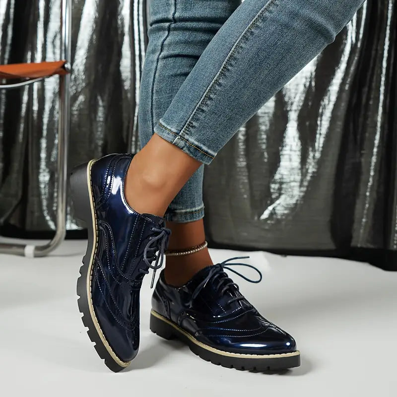 Women's patent leather Oxford shoes chunky sole high-gloss finish elegant workwear comfort