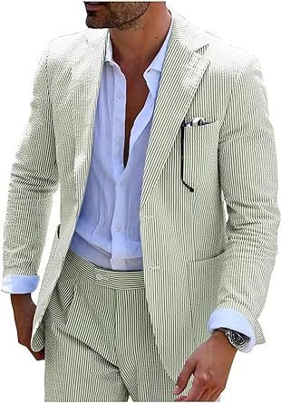 Men's light blue seersucker two-piece suit slim-fit jacket and trousers wrinkle-resistant breathable