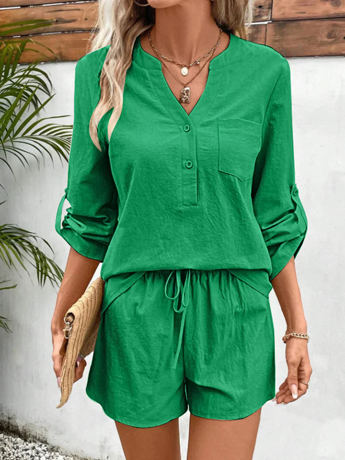 Flora women's V-neck long-sleeve top and shorts two-piece set elegant relaxed casual warm daywear