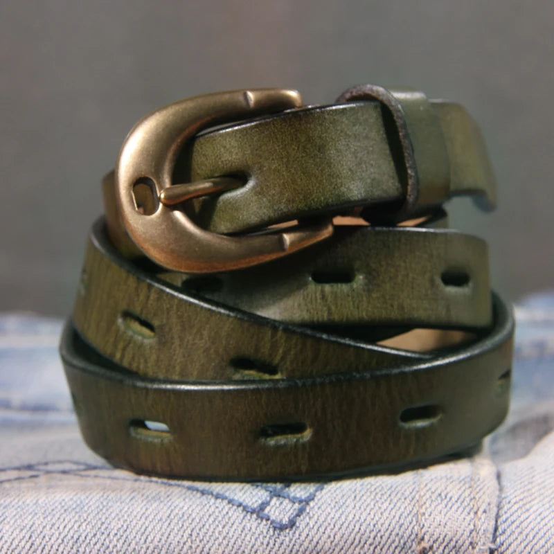 Unisex full grain leather belt antique brass buckle vintage finish everyday casual style