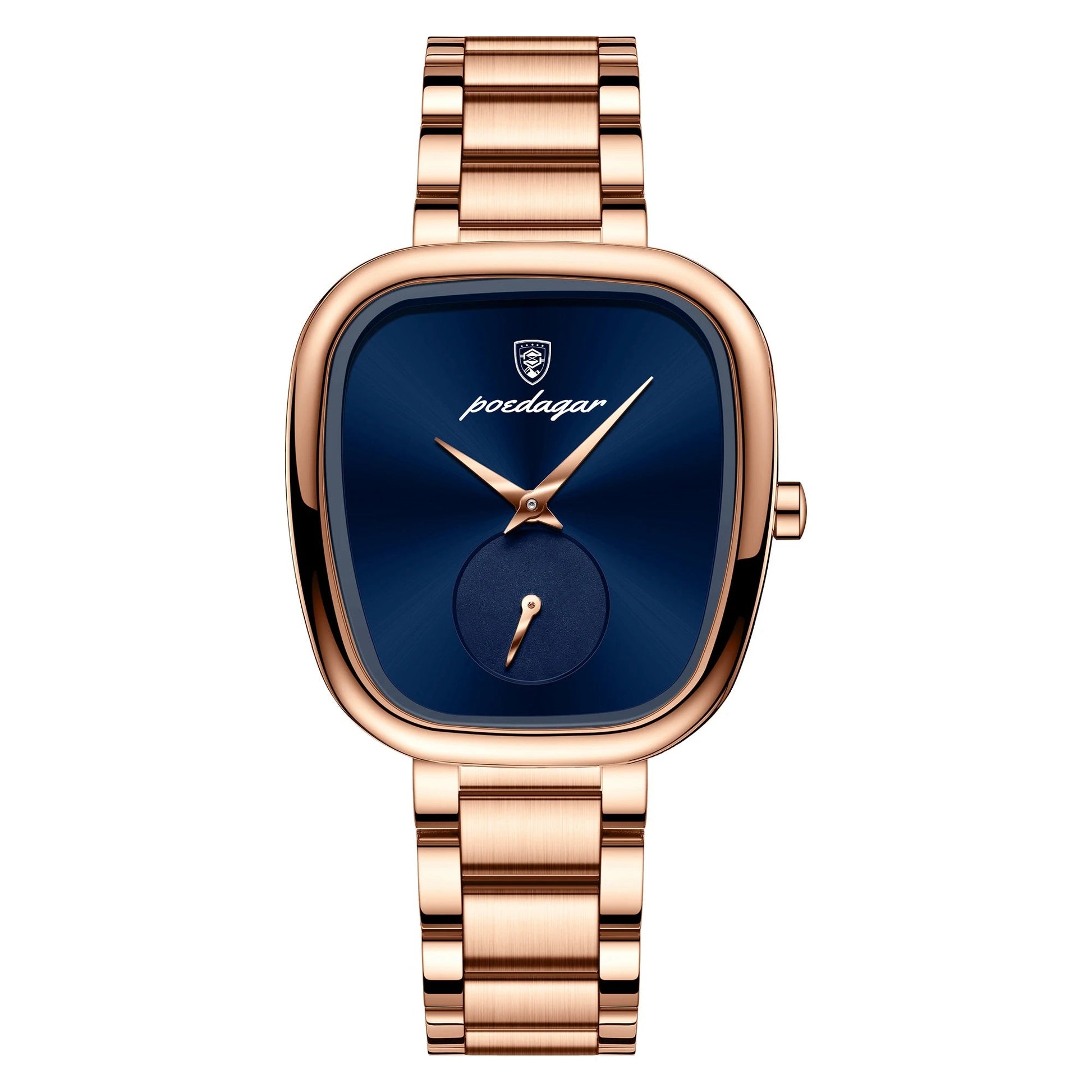 Poedagar women's rose quartz square dial stainless steel watch with elegant sub-dial detail