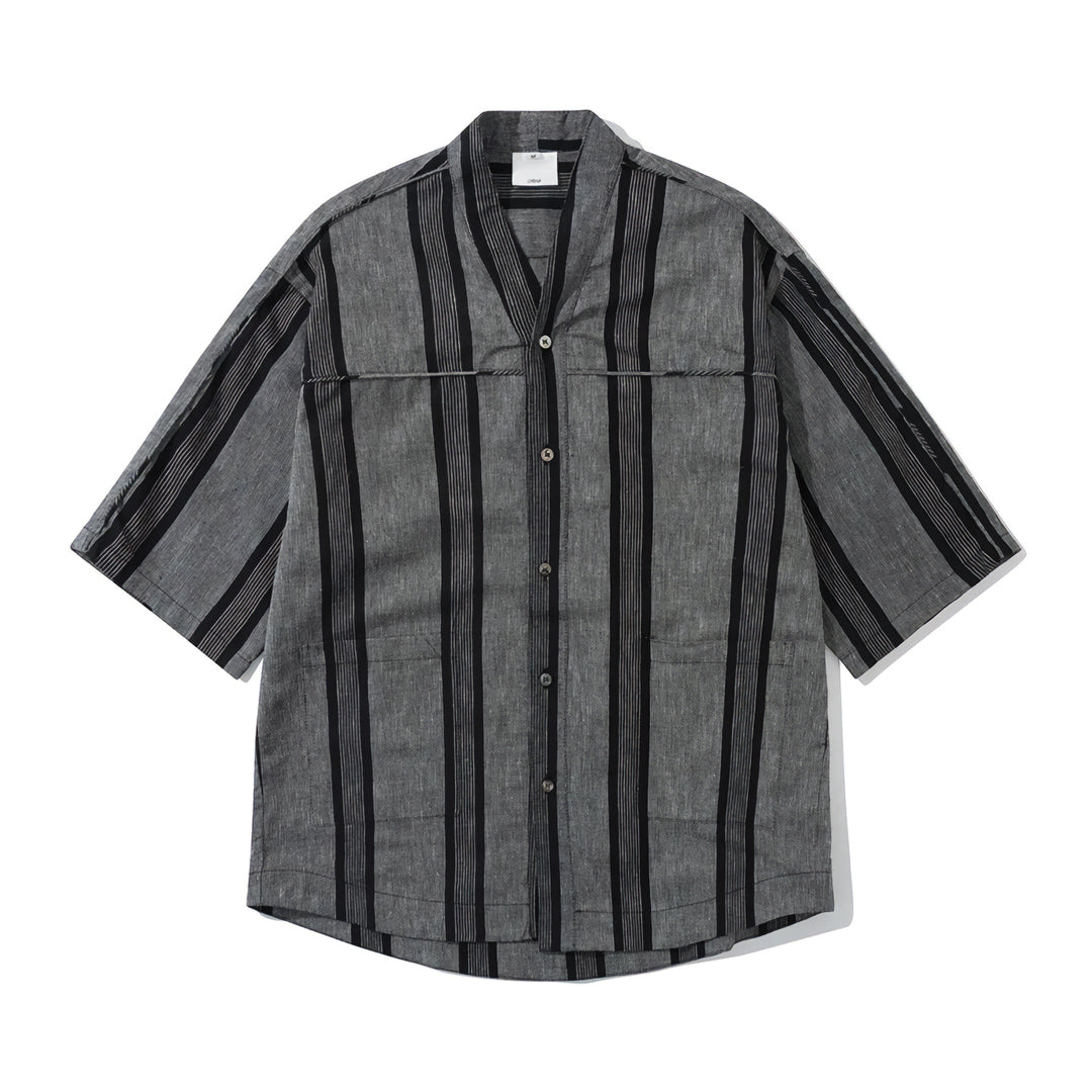 Striped cotton-linen kimono shirt relaxed fit V-neck dual pockets urban streetwear vintage flair