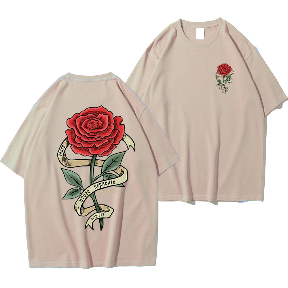White cotton regular fit graphic tee with bold red rose banner back print for edgy casual style