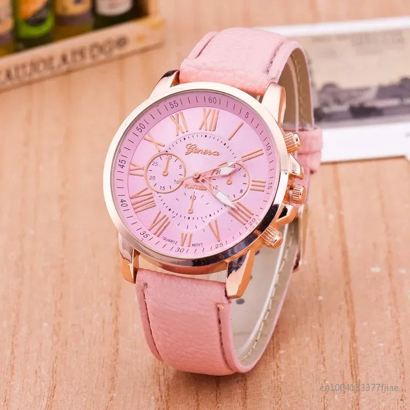 Geneva women's chronograph watch gold case vibrant strap bold color dial Roman numeral accent