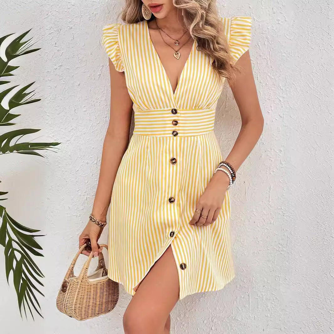 Navy white vertical striped short dress with button front and flutter sleeves, feminine summer chic