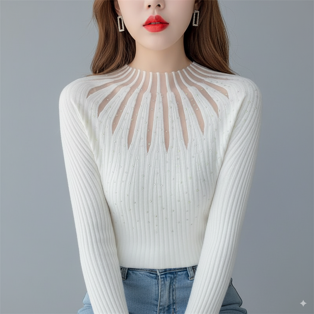 Women's ribbed knit top with elegant cutout design, stretchy polyester, chic everyday style