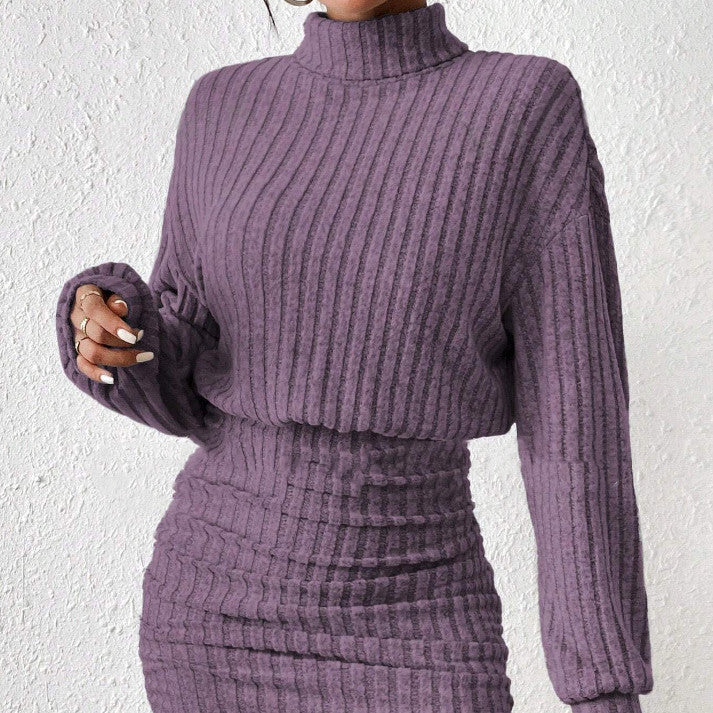Women's ribbed knit robe dress high collar cozy winter beige striped long sleeve