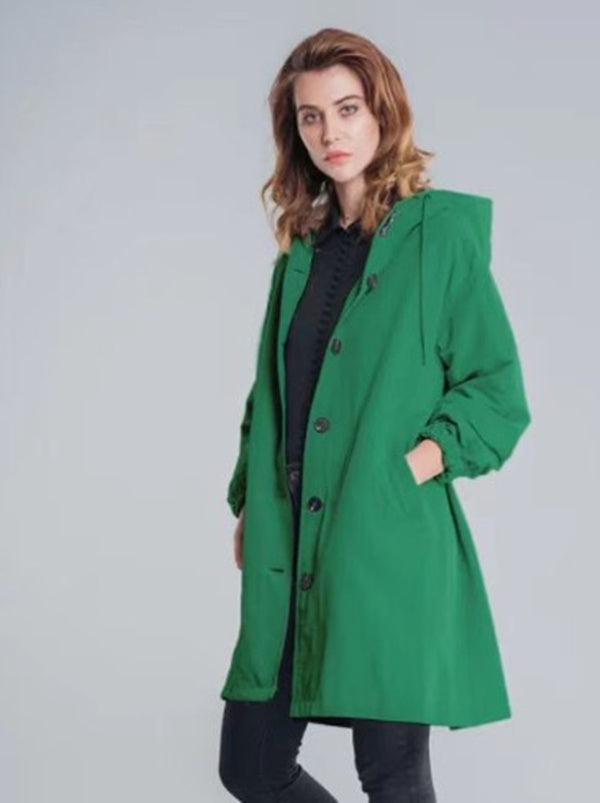 Women's lightweight hooded coat button closure elastic cuffs loose fit mid-thigh length casual style