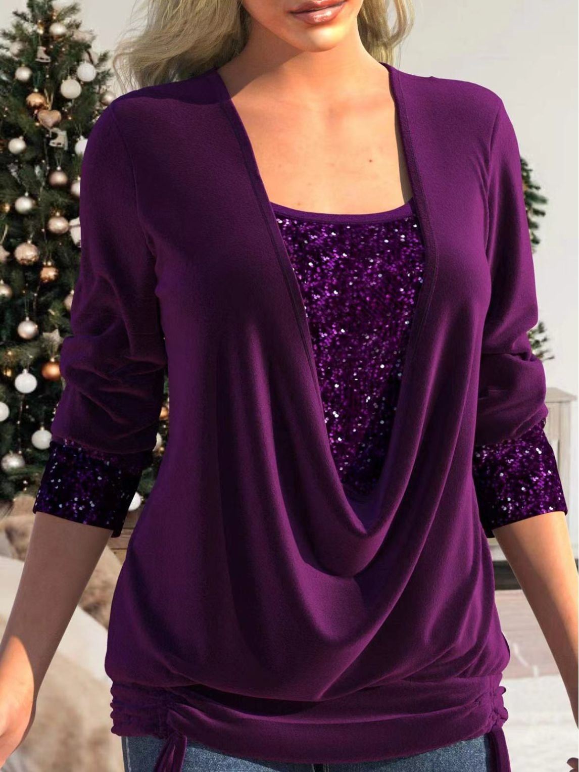 Women's elegant sequin glitter blouse soft cotton blend sparkling glamour festive occasions