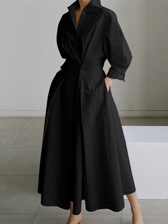Navy blue elegant long dress fluid drape refined silhouette versatile day-to-night women's fashion