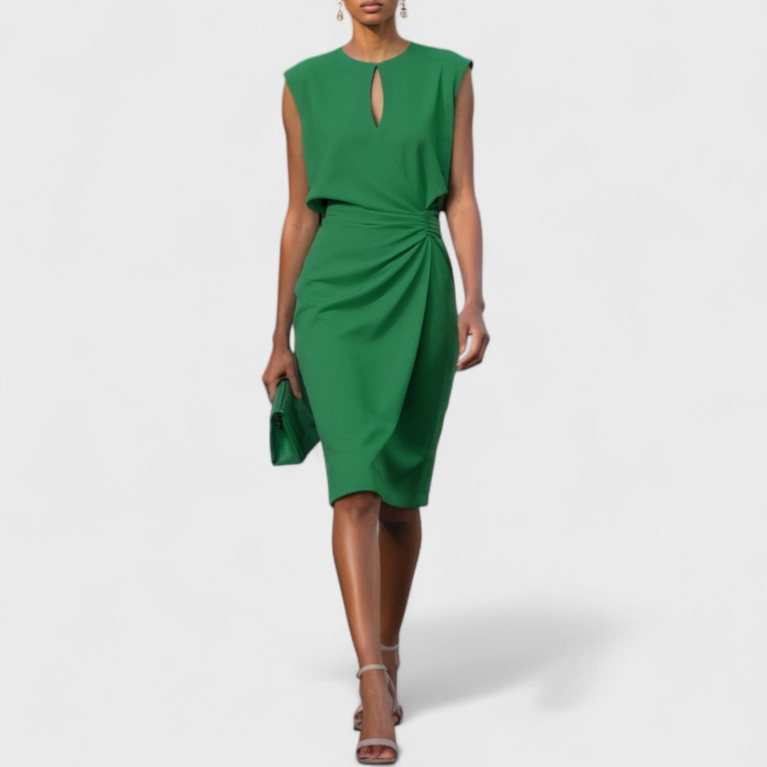 Sleeveless midi dress with ruched waist, keyhole neckline, elegant fluid silhouette for women