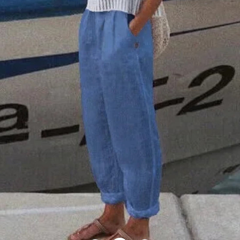 Unisex solid color cotton linen casual pants, loose fit, breathable all-season style with pockets