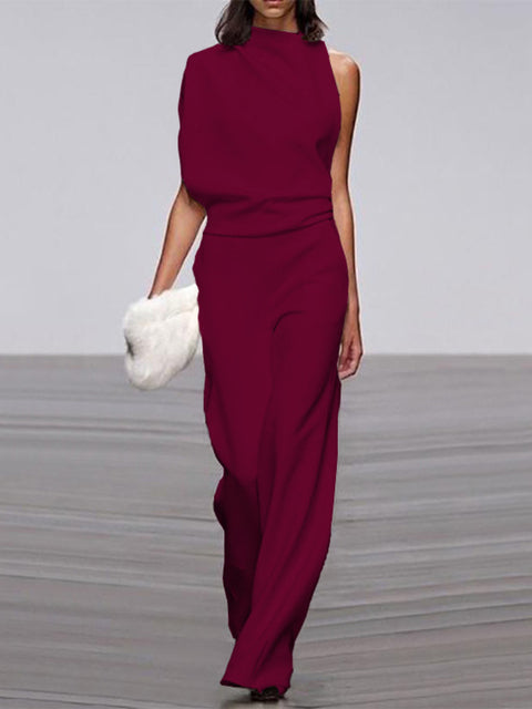 Women's sleeveless wide-leg jumpsuit with round neckline, elegant minimalist silhouette for all occasions