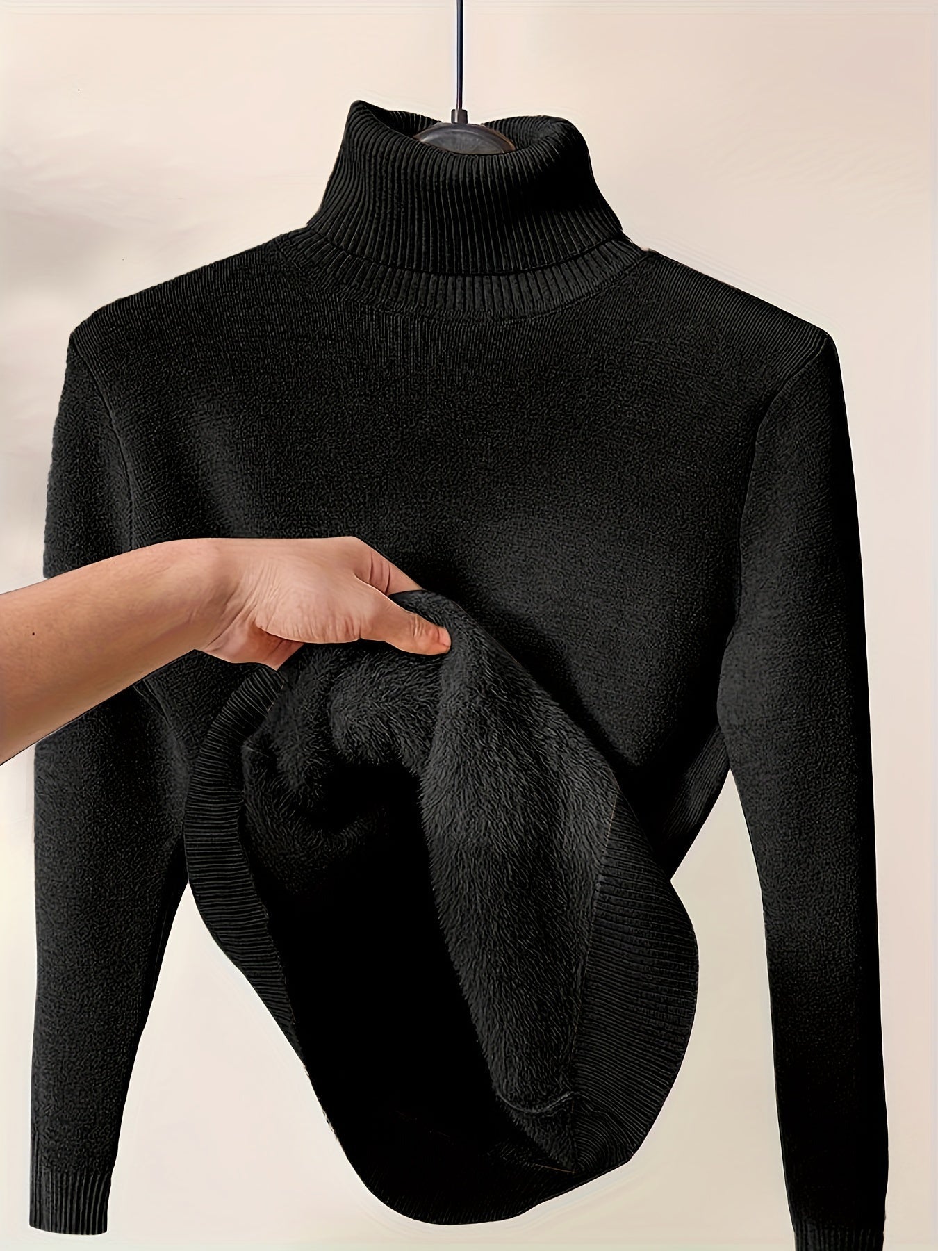 Women's fleece-lined turtleneck knit sweater, classic minimalist cut with ultra-soft warm lining