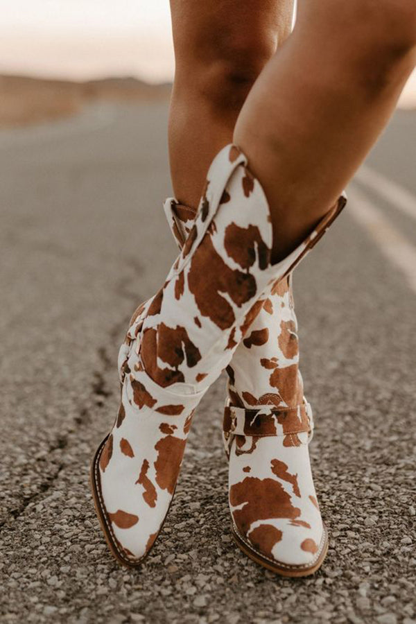 Women's western boots black-and-white cow print belt detail bold statement fashion footwear