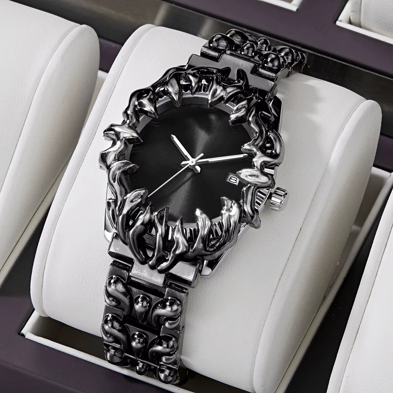 Men's stainless steel flame bezel watch gradient sunburst dial luminous hands date display