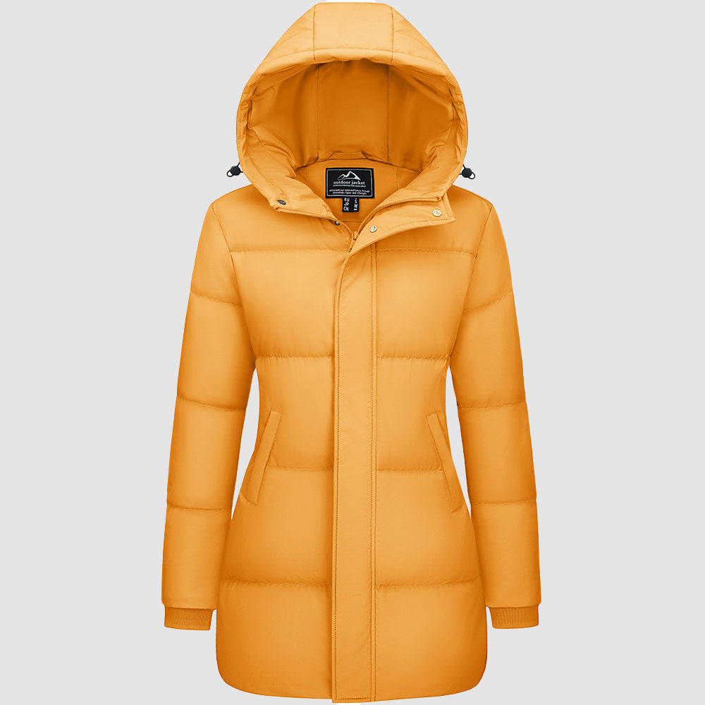 Women's long black hooded puffer parka, waterproof 85% duck down insulation for extreme cold