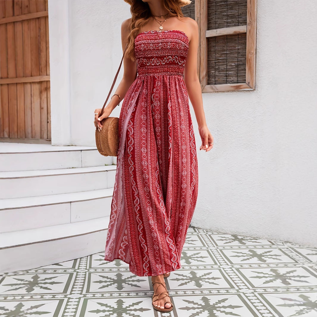 Women's strapless boho dress with ethnic pattern, leg slit, lightweight summer beachwear