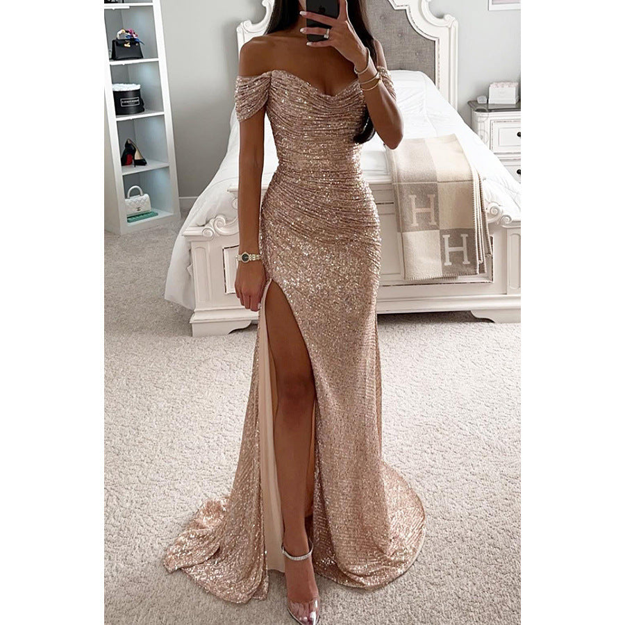 Black off-shoulder evening gown with sequin embellishments and glamorous thigh-high slit