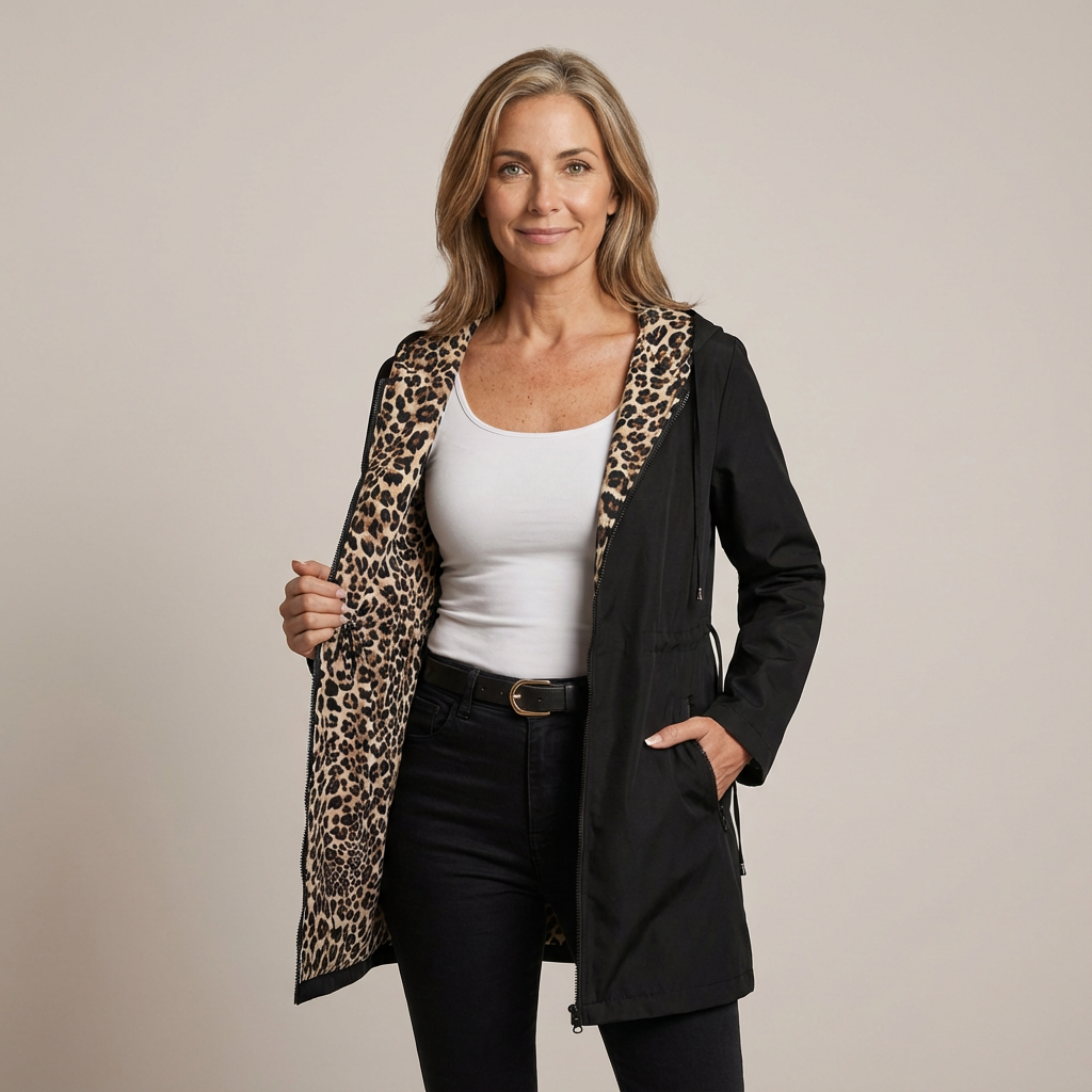 Women's reversible hooded zip jacket two-in-one layering with contrasting printed interior lining