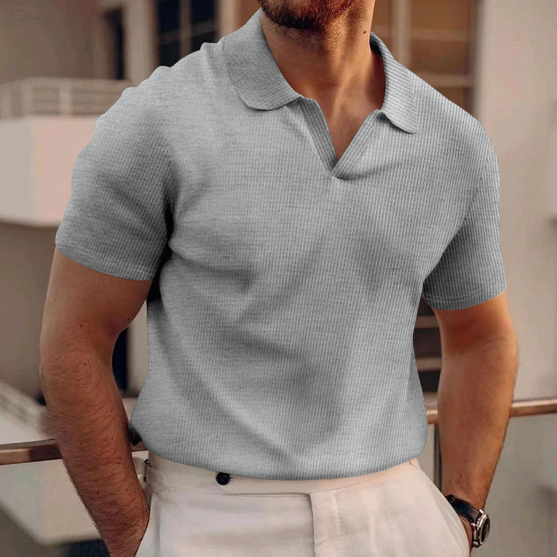 Rowan men's V-neck polo shirt in waffle knit texture, slim smart casual fit for everyday wear