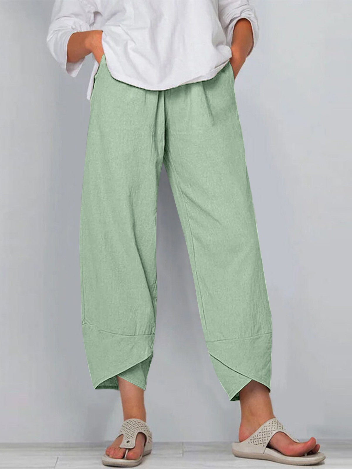 Women's cotton linen ankle pants relaxed fit elastic waist with angled pockets casual solid color
