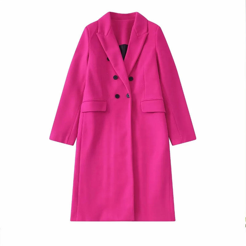 Women's long double-breasted coat tailored straight silhouette minimalist urban chic city style
