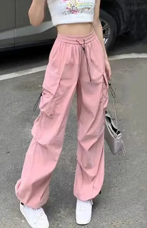 Black oversized wide-leg cargo pants cotton blend with multi-pocket design adjustable waist urban style