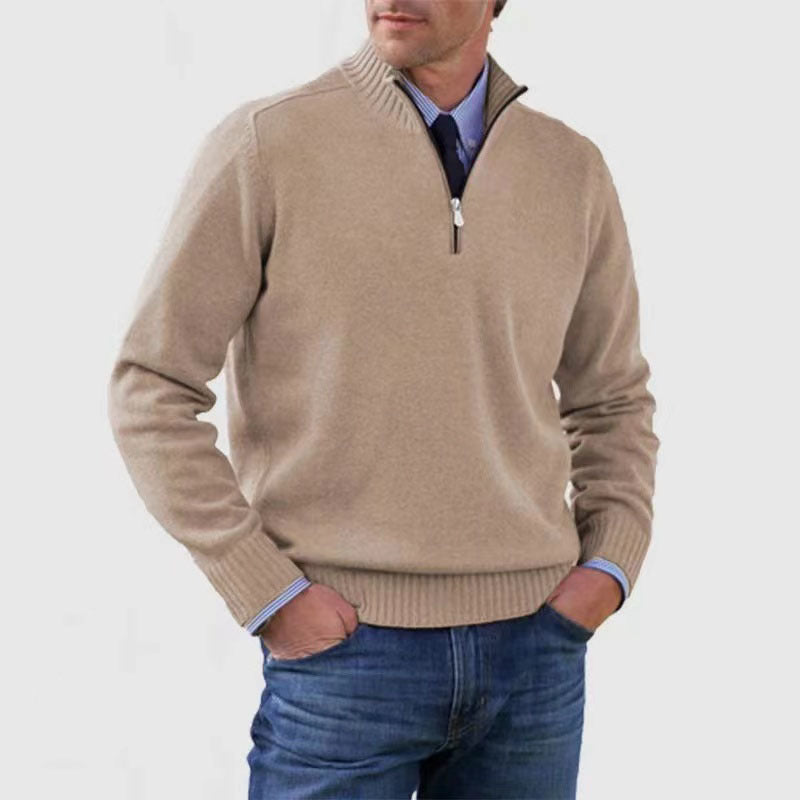 Men's cotton blend mock neck zip sweater in warm tones, slim elegant cut for office wear
